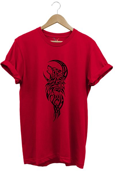 onsrawear Turkishness Wolf and Moon Motif Unisex 100% Cotton Red Basic Red T-Shirt