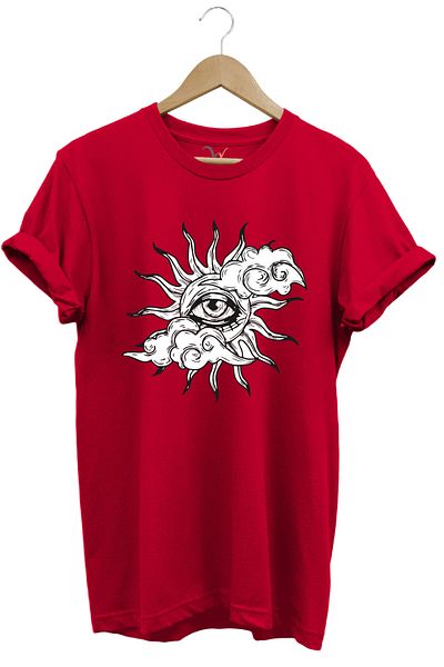 onsrawear Eye and Sun Themed 100% Cotton Red Basic Crew Neck T-Shirt
