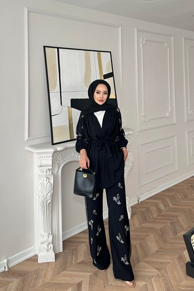 Safgiyim44 Embroidered Kimono Suit Black