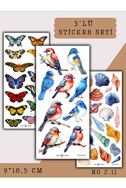 Else Craft 3'lü Kelebek - Kuş - Deniz Kabuğu Sticker No 2.11 - Ajanda Planlay...
