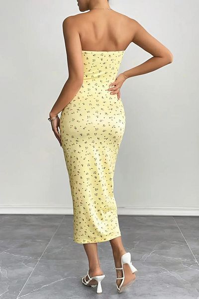 Baby xclub Women's Yellow Strapless Patterned Printed Lycra Stylish Trend Casual Summer Pinterest Long Dress