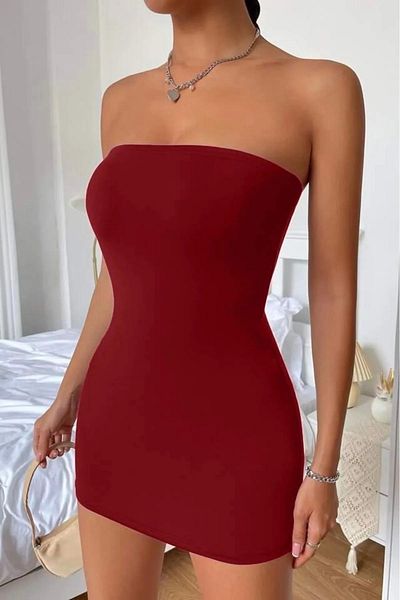 Baby xclub Women's Burgundy Strapless Diver Fabric Body Hugging Lycra Night Party Invitation Sleeveless Trend Stylish Basic Mini