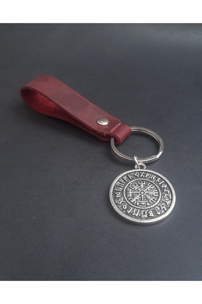 BSN Store Real Leather Keychain Accessory with Nordic Compass Vegvisir Figure