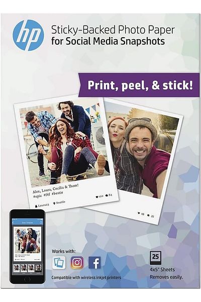 HP Self-Adhesive Photo Paper 10 X 13 Cm, 25 Sheets Social Media Snapshots Print, Peel And Stick W2g60a