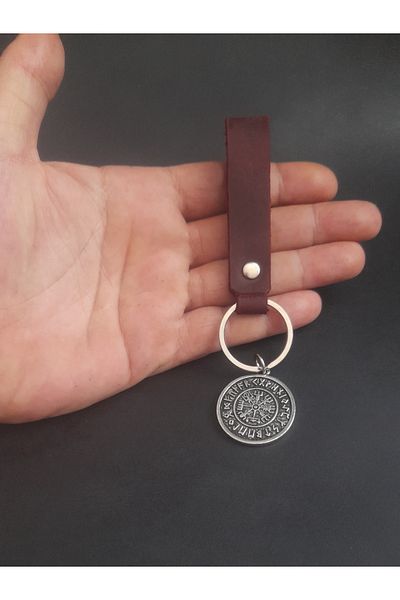 BSN Store Real Leather Keychain Accessory with Nordic Compass Vegvisir Figure