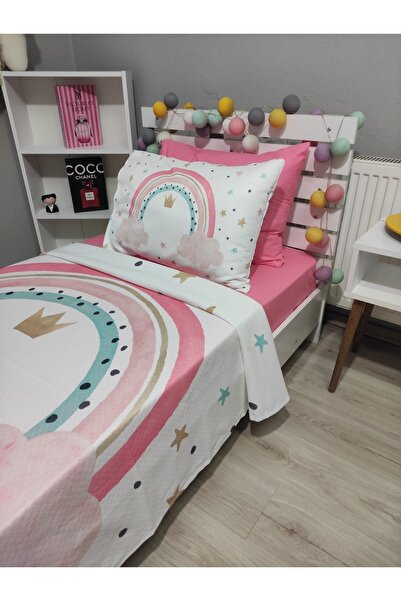 yok yok evim eve dair her şey 4 Pcs Rainbow (100% Cotton 120X200 Fitted Sheet)Single Pique Bedspread Set