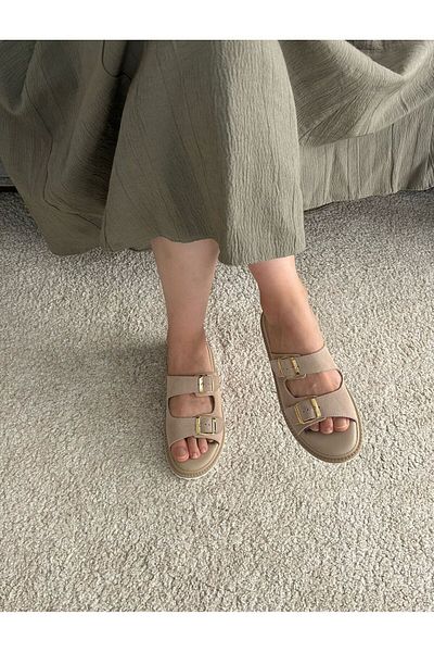 POTEEN Ptc Meloni Women's Genuine Leather Lightweight Anatomical Buckle Detailed Slippers - Tan