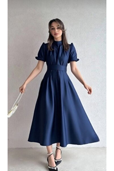 Sheeny Nil Lacivert Kloş Etek Kısa Kol Midi Boy Saten Abiye Elbise Lacivert