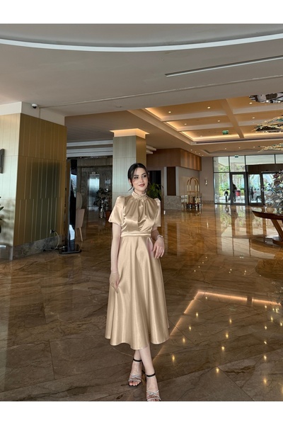 Sheeny Nil Gold Bej Midi Boy Kısa Kol Saten Abiye Elbise
