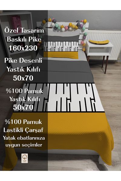 yok yok evim eve dair her şey 4 Pcs Mustard Piano (100% Cotton 120X200 Fitted Sheet) Single Pique Bedspread Set