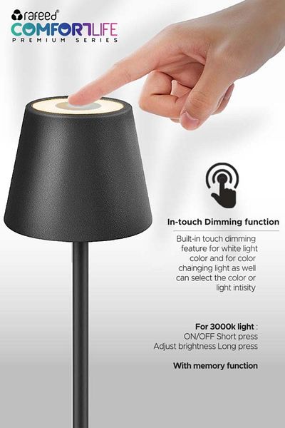 RAFEED 3W 3000K USB C Rechargeable Table Lamp, Dimmable, Black