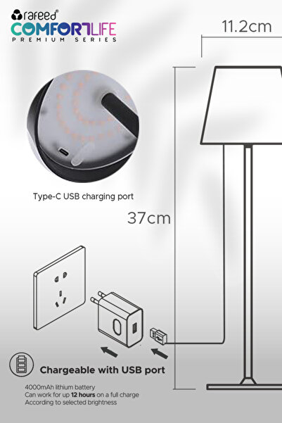 RAFEED 3W 3000K USB C Rechargeable Table Lamp, Dimmable, White