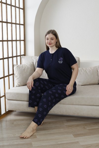 alc teks Women's Pajama Set Large Size Short Sleeve Button Detailed Patterned Navy Blue Color