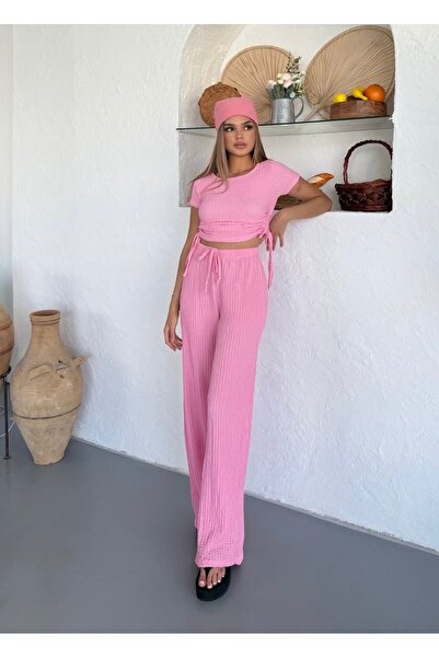 NATUFIAN STORE Women's Seersucker Fabric Side Adjustable Blouse Pants Set