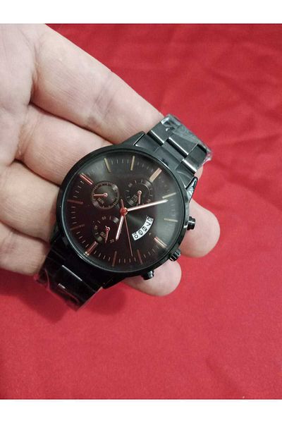 Brality Steel Cord Men's Wrist Watch- Black Color- Calendar Detail - Inner Dial Black Rose- 6005