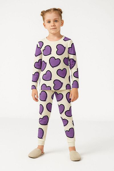 ESİLA KİDS Girls' Suit Heart Pattern Long Sleeve Cotton Girls' Pajamas Set 2-6 Years