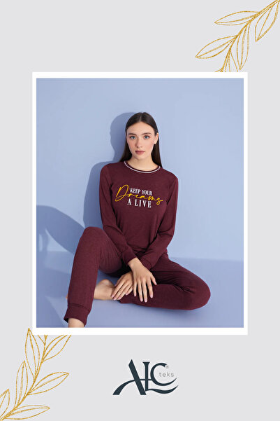 Kadın pijama takımı bordo renkli uzun kollu, mevsimlik model