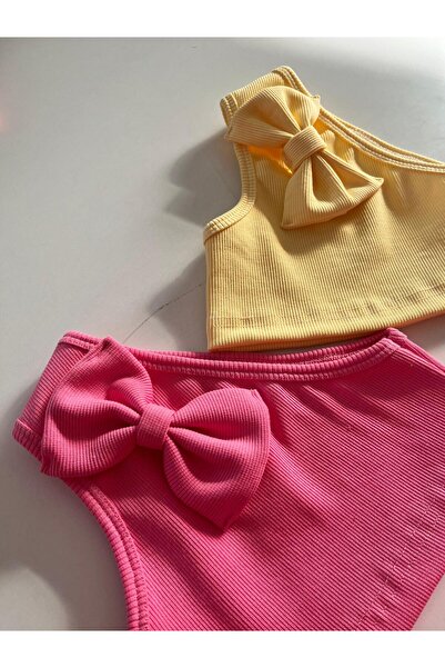 HEREN BUTİK Kadın/Kız Çocuk Fiyonklu Tek Omuz Crop Bluz %100 Pamuklu Fitilli Esnek Kumaş İkili Takım Sarı&Pembe