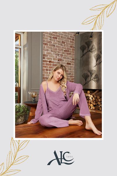 Alcteks Elegance and Comfort: 3-Piece Velvet Lilac Women's Pajamas – Lace Detail