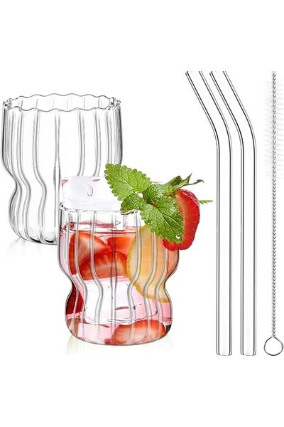 Yenigeldi 2Pcs Ripple Shaped Transparent Glass Cup Iced Coffee Cocktail Cup