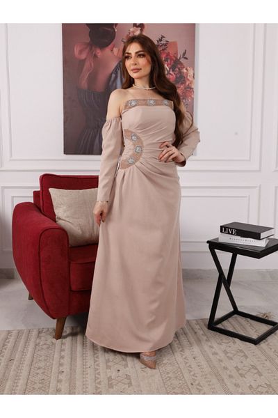 Nice Model Elegant Stone Detailed Long Sleeve Maxi Dress with Mesh Panel - Evening Party Formal Wear