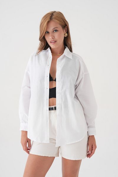 QAWWA Γυναικείο πουκάμισο Oversize & Μακρυμάνικο & Μονόχρωμο & Κουμπιά