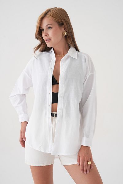 QAWWA Γυναικείο πουκάμισο Oversize & Μακρυμάνικο & Μονόχρωμο & Κουμπιά