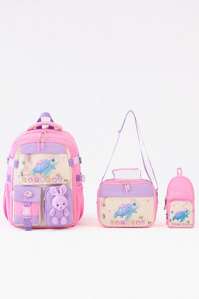 Roxbros 3-Piece Girls' School Bag Set with Turtle Figure - Primary School Backpack with Pen Holder and Nutrition