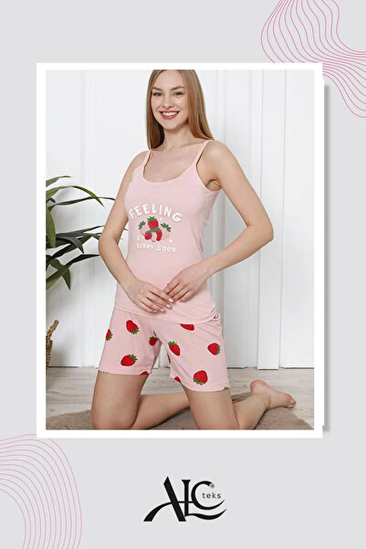 ALCteks Kadın Pijama Takımı Çilek Desenli Şıklık – Askılı Ve Şortlu Pamuklu Y...