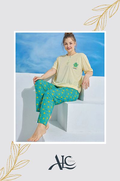 Alcteks Comfortable Summer Plus Size Women's Pajamas Set – Yellow Floral, Short Sleeve, Cotton 2-Piece Set