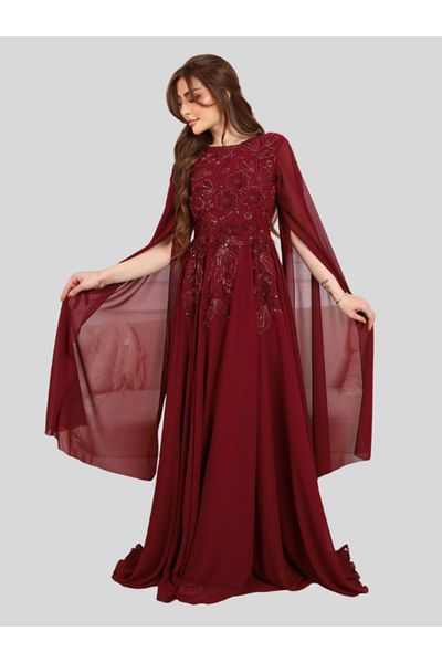 Nice Model Burgundy Sequined Cape Evening Gown Long Formal Dress Embellished Chiffon Party Wedding Guest