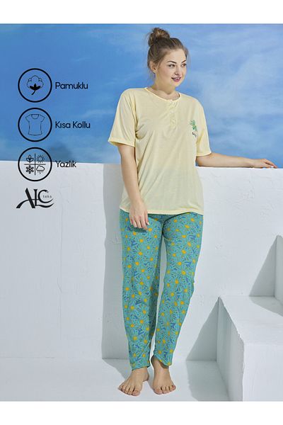 Alcteks Comfortable Summer Plus Size Women's Pajamas Set – Yellow Floral, Short Sleeve, Cotton 2-Piece Set