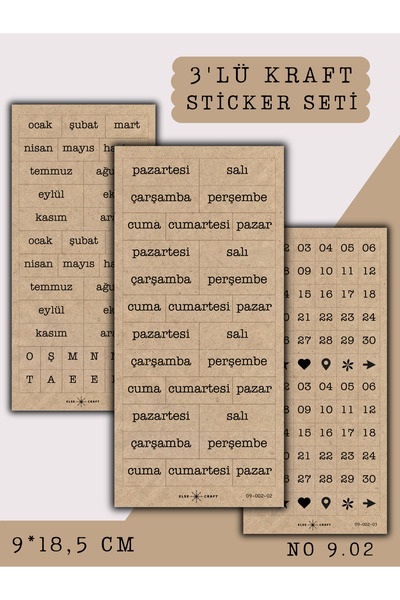 Else Craft 3'lü Mini Kraft Aylar Günler Rakamlar Sticker No 9.02 - Ajanda Pla...