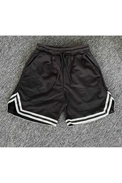 dwnwear Siyah Şeritli Yazlık Pamuklu Yan Cepli Beli Lastikli Şort