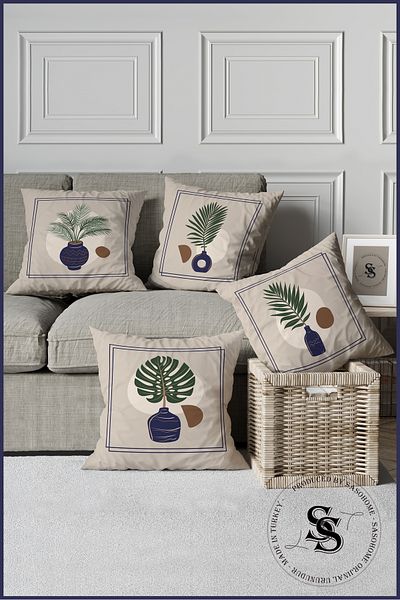 SasoHome Husă de pernă imprimată digitală din 4 piese cu model modern de frunze de palmier verde pe fundal crem