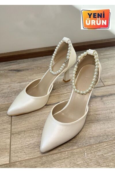 LİNEER Kadın Sedef Kırık Beyaz Rahat 7 cm Kadeh Topuklu İncili Stiletto Gelin...