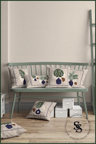 SasoHome Husă de pernă imprimată digitală din 4 piese cu model modern de frunze de palmier verde pe fundal crem