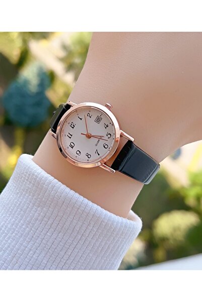 Weluxa Rn1J77A63 Rose Gold Case Black Color Leather Band Minimal Women's Wristwatch with Calendar