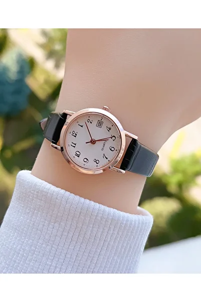 Weluxa Rn1J77A63 Rose Gold Case Black Color Leather Band Minimal Women's Wristwatch with Calendar
