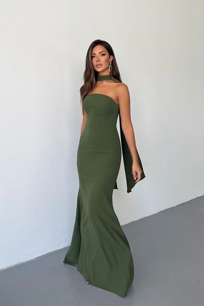 İyem Abiye Shawl Detailed Crepe Stylish Design Fish Evening Dress Slim Fit