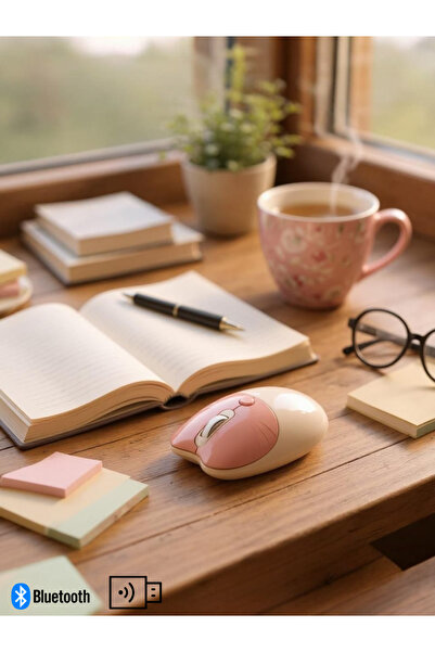 NDNeed Sevimli Kedi Kablosuz Pudra-Bej Mouse Bluetooth + Dual Mode
