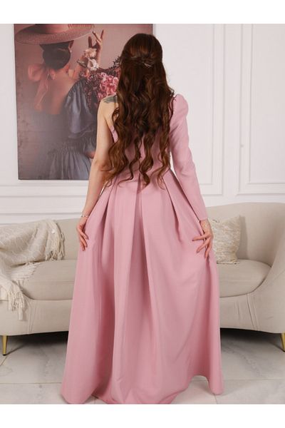 Nice Model Pink One-Shoulder Evening Dress Embellished Stone Detailed Long Sleeve Formal Gown with Front Slit