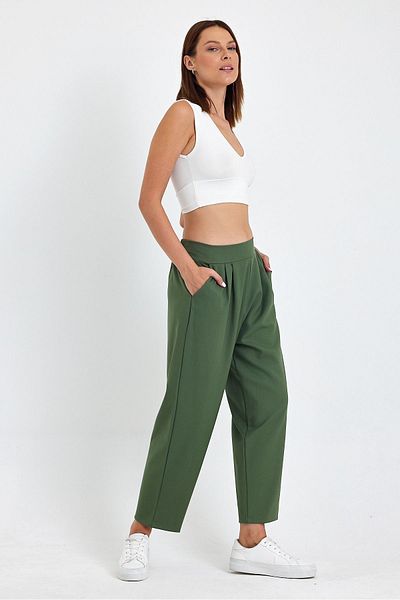GAMZE ALPTEKİN Pantaloni largi de damă din Lycra cu talie înaltă în amestec de in