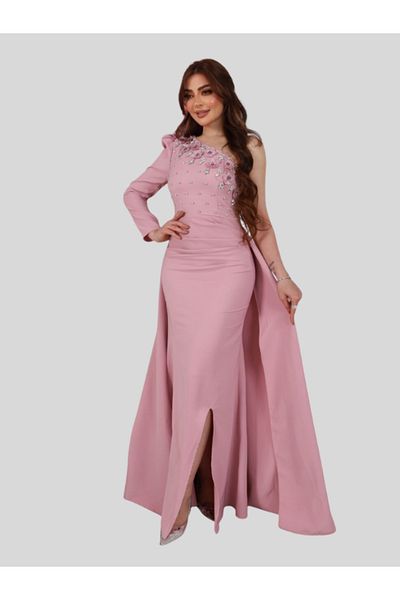 Nice Model Pink One-Shoulder Evening Dress Embellished Stone Detailed Long Sleeve Formal Gown with Front Slit