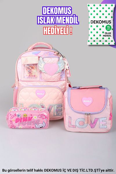 MUGGLE "Dekomus Wet Wipes Gifted" "Love Collection" Large Size School Bag, Lunch Box with Thermos