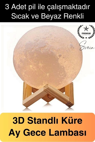 Svein Dolunay 3D Ay Işıklı Standlı Pilli Dekoratif Gece Lambası Hediyelik Kür...