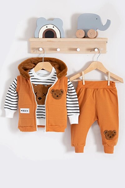 candar 3 Piece Orange Set with Plush Teddy Bear Hooded for 3-18 Months Baby Boy