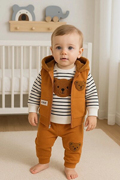 candar 3 Piece Orange Set with Plush Teddy Bear Hooded for 3-18 Months Baby Boy