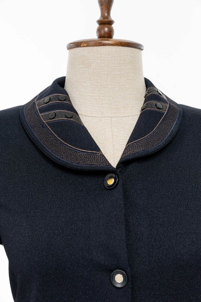 HESNA Women's Seasonal Embroidered Shawl Collar Navy Blue Top Coat