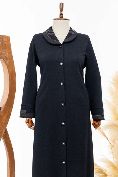HESNA Women's Seasonal Embroidered Shawl Collar Navy Blue Top Coat